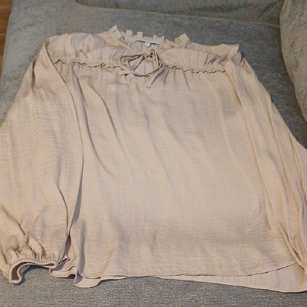 Cream Ruffled Tie Front Blouse with 3/4 Sleeves